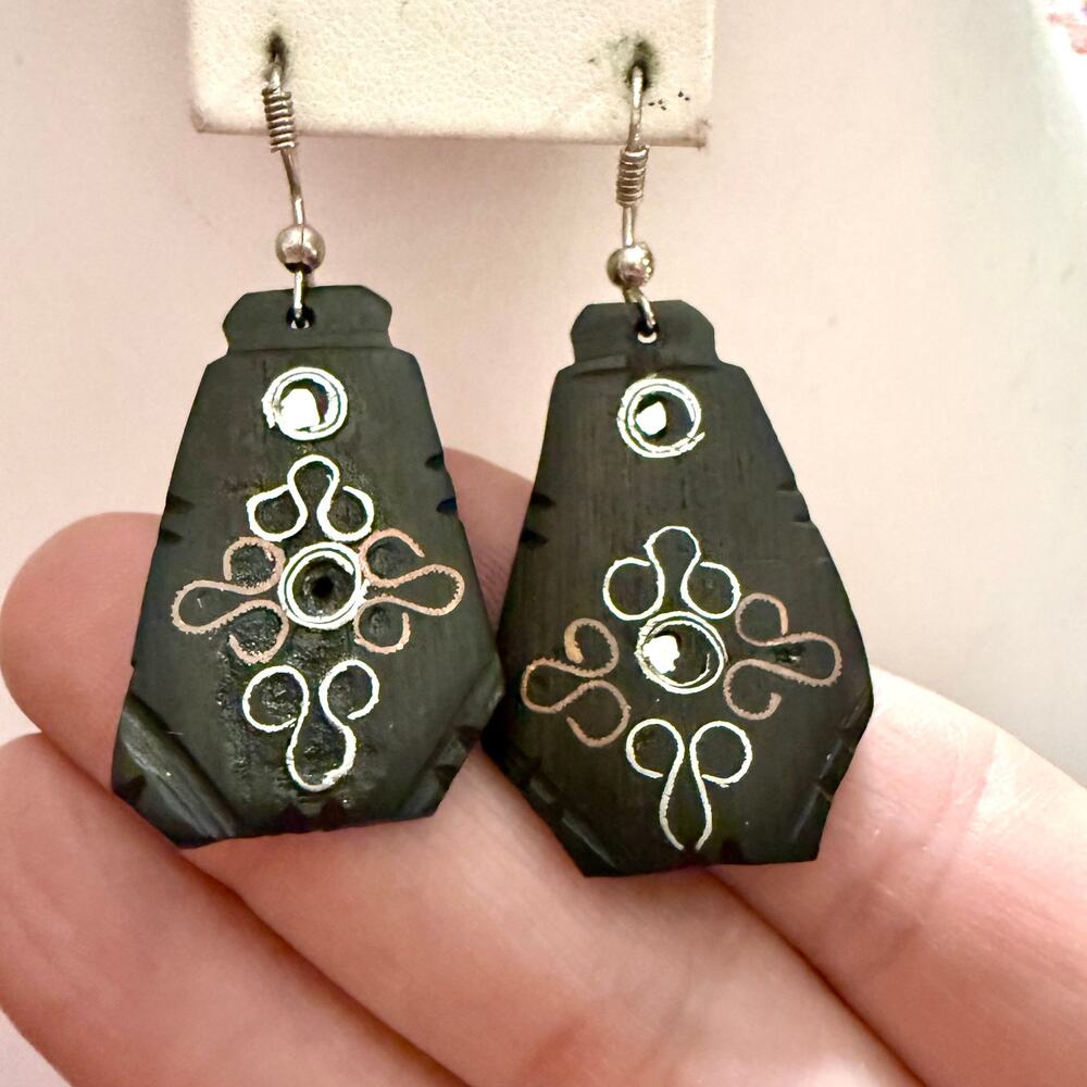 Handcrafted Artisan Mixed Metal Embossed Wooden Earrings - Picture 5 of 7